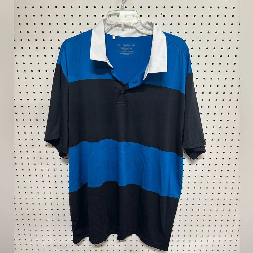 Men’s Under Armour Striped Black and Blue Polo Size 2XL